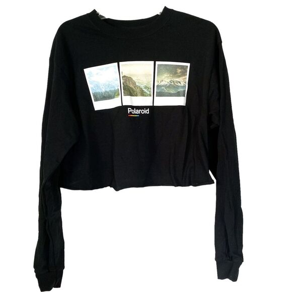 Forever 21 Polaroid Crewneck Sweatshirt Black Crop S/M | Long Sleeve | Y2K - Picture 1 of 5